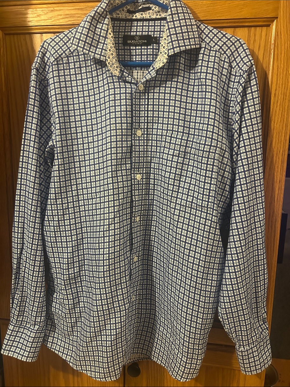 Bugatchi White and Blue Grid-Check Dress Shirt